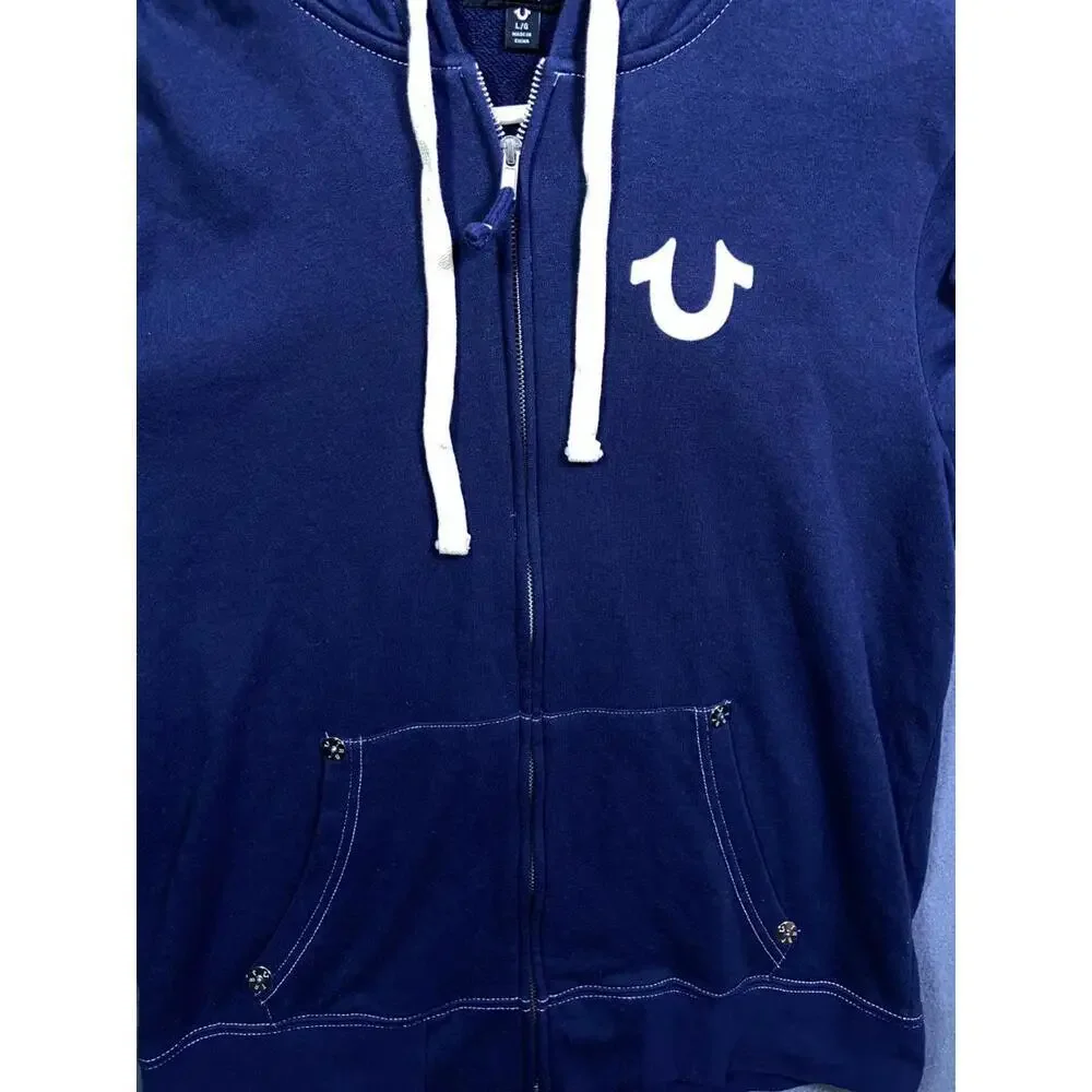 True Religion USA Blue Navy Full Zip Big Buddha Logo Hoodie Large Streetwear EUC